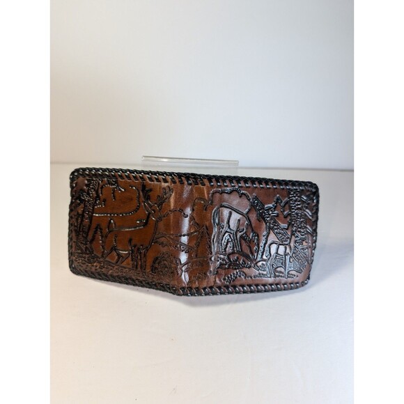 Vintage Hand Tooled Leather Wallet Deer Forest Scene Western Bifold Snap Brown - Picture 7 of 15